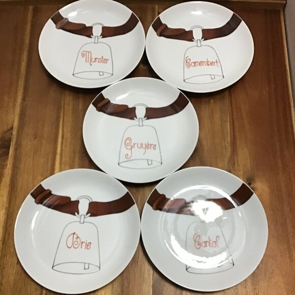 Vtg Le Chamberlain France Set Of 5 French Bistro Cheese Plates Hand Painted 7.5" - Picture 1 of 6